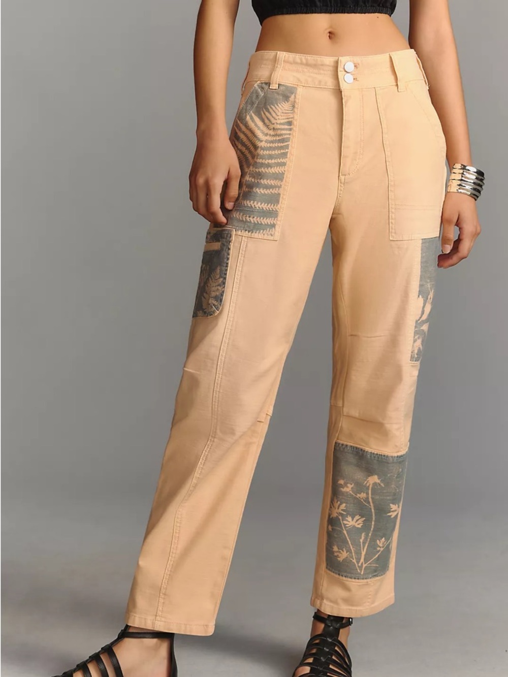 Wander Beige Straight-Leg Patchwork Jeans